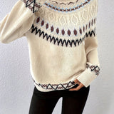 kkboxly  Geo Pattern Crew Neck Pullover Sweater, Casual Long Sleeve Loose Sweater, Women's Clothing