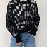 kkboxly  Trendy Knitted Mesh Fishnet Sweater, Men's Casual Sexy  Crew Neck Pullover Sweater For Men Clubwear