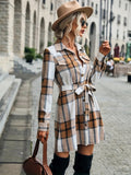 kkboxly  Plus Size Casual Coat, Women's Plus Plaid Print Button Up Long Sleeve Turn Down Collar Shacket With Belt