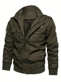 kkboxly  Warm Plush Fleece Cotton Jacket, Men's Casual Zipper Pockets Stand Collar Jacket Coat For Fall Winter