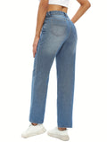 kkboxly  Loose Fit Washed Straight Jeans, Slant Pockets Non-Stretch Denim Pants, Women's Denim Jeans & Clothing