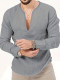 kkboxly  Men's Shirt Top V Neck Breathable Beach Shirt Long Sleeves Closure Regular Fit Solid Color Male Casual Shirt For Daily Vacation Resorts