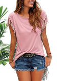 kkboxly  Fringe Hem Solid  T-Shirt, Crew Neck Short Sleeve T-Shirt, Casual Every Day Tops, Women's Clothing