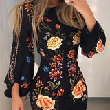 kkboxly  Floral Print Bodycon Dress, Vintage Back Cut Out Crew Neck Long Sleeve Dress, Women's Clothing