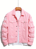 kkboxly  Letter Print Denim Jacket, Men's Casual Chic Lapel Chest Pocket Jacket
