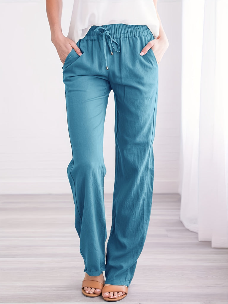 kkboxly  Plus Size Casual Pants, Women's Plus Solid Elastic Drawstring Slight Stretch Straight Leg Pants