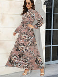 kkboxly  Floral Print Tie Waist Long Sleeve Dress, Crew Neck Casual Dress For Summer & Spring, Women's Clothing