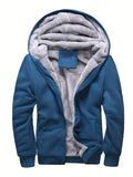 kkboxly  Solid Sherpa Lined Men's Hooded Jacket Casual Long Sleeve Hoodies With Zipper Gym Sports Hooded Coat For Winter Fall