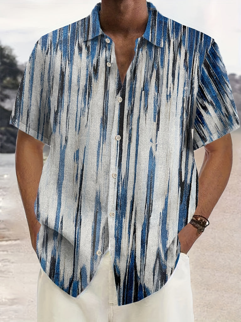 kkboxly  Plus Size Lapel Mens Hawaiian Shirt Gradient Stripe Pattern Button Down Shirts, Top Blouse Shirts, Short Sleeve, Button Down Dress Shirts