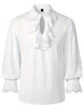 kkboxly  Men's Long Sleeve Retro Medieval Pirate Noble Shirt Renaissance Ruffled Collar Casual Beach Tops Festival Party Dress Shirt Solid Tee Shirt V-Neck Tops For Men Halloween