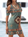 kkboxly  Aztec Print Cold Shoulder Dress, Vintage Scoop Neck Bodycon Mini Dress, Women's Clothing