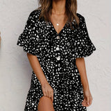 Kkboxly  Leopard Print Button Tiered Dress, Ruffle Hem V Neck Short Sleeve Layered Dress, Casual Every Day Dress, Women's Clothing