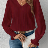 2025 kkboxly  Solid Striped Blouse, Casual Shirred V Neck Long Sleeve Blouse, Women's Clothing