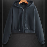 kkboxly  Solid Color Drawstring Crop Hoodie, Casual Zip Up Long Sleeve Hooded Sweatshirt