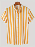 kkboxly  Men's Casual Stripe Mismatch Pattern Mandarin Collar Short Sleeve Shirt, Male Hawaiian Shirt For Summer