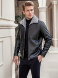 kkboxly Warm Fleece PU Jacket, Men's Casual Solid Color Zip Up Lapel Faux Leather Jacket For Fall Winter