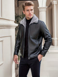 kkboxly  Warm Fleece PU Jacket, Men's Casual Solid Color Zip Up Lapel Faux Leather Jacket For Fall Winter