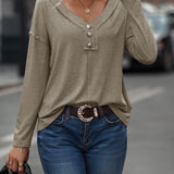 kkboxly  Long Sleeve V-Neck Henley Top, Oversized Solid Color Shirt, Casual Tops For Fall & Winter, Women's Clothing