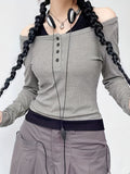 kkboxly  2 In 1 Ribbed Button Front Crew Neck T-Shirt, Casual Long Sleeve T-Shirt For Spring & Fall, Women's Clothing