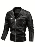 kkboxly  Men's Casual PU Leather Jacket, Warm Thick Retro Fleece Lined Biker Jacket For Fall Winter, Gift