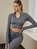 kkboxly  Women's Activewear: Fashionable Solid Color Half Zipper Yoga Sports Top with Stretchy Ribbed Knitting for Long Sleeve Fitness Workout Gym Wear