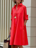 kkboxly  Casual Solid Pocket Dress, Long Sleeves V-neck Simple Mid-length Fashion Commuter Dresses, Women's Clothing