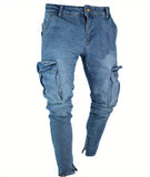 kkboxly  Slim Fit Flap Pocket Cargo Jeans, Men's Casual Solid Color Slightly Stretch Multi Pocket Denim Pants For Spring Summer