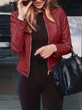 kkboxly  Solid Zipper Front Faux Leather Crop Jacket, Casual Long Sleeve Lightweight Jacket For Fall & Spring, Women's Clothing