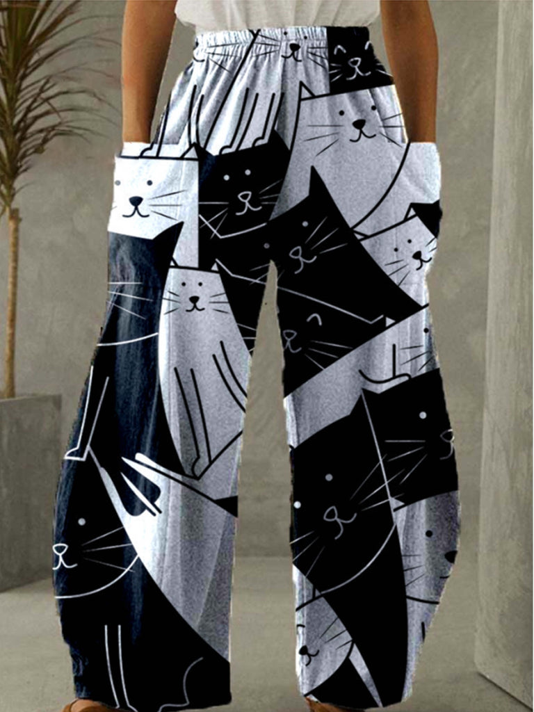 kkboxly  Women's Pants Mid Waist Cat Print Pocket Long Length Pants