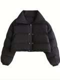 kkboxly  Solid Full Zipper Crop Coat, Warm Stand Collar Lightweight Coat, Outerwear For Fall & Winter, Women's Clothing