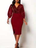 kkboxly  Elegant Skinny Shiny Dress, Long Sleeve V-neck Dress For Party & Banquet, Women's Clothing