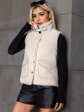 kkboxly  Button Front Sleeveless Plush Jacket, Casual Dual Pockets Jacket For Fall & Winter, Women's Clothing