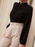 kkboxlyConfetti Heart Print Blouse, Elegant Tie Front Long Sleeve Blouse, Women's Clothing