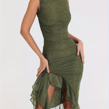 kkboxly  Backless Ruffle Hem Dress, Sexy Solid Bodycon Ruched Dress, Women's Clothing