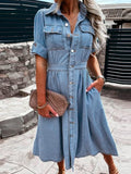 kkboxly  A-Line Flap Pockets Denim Dress, Rolled Sleeve Button Up V Neck Dress, Casual Lapel Denim Long Dress, Women's Denim Dress & Clothing