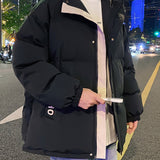 kkboxly  Men's Stylish Solid Puffer Coat With Pockets, Casual Breathable Zip Up Long Sleeve Warm Hooded Top For City Walk Street Hanging Winter Outdoor Activities