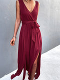 kkboxly  Sexy V Neck Solid Tie Front Trapeze Bohemian Dresses, Women's Clothing