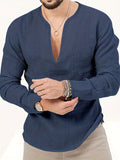 kkboxly  Men's Shirt Top V Neck Breathable Beach Shirt Long Sleeves Closure Regular Fit Solid Color Male Casual Shirt For Daily Vacation Resorts