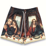 kkboxly kkboxly Men's Stylish Loose Illustration Pattern Shorts, Active Breathable Comfy Drawstring Shorts For Hiking Jogging Cycling Outdoor Fitness Workout