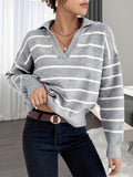 kkboxly  Striped Print Drop Shoulder Knit Sweater, Casual V Neck Long Sleeve Sweater, Women's Clothing