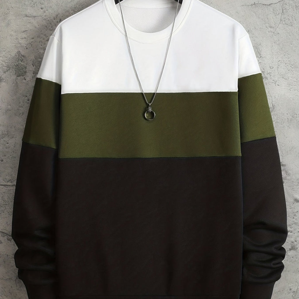 Plus Size Men's Contrast Color Sweatshirt For Spring/autumn, Oversized Trendy Crew Neck Pullover Tops For Males, Men's Clothing