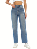 kkboxly  Loose Fit Washed Straight Jeans, Slant Pockets Non-Stretch Denim Pants, Women's Denim Jeans & Clothing