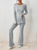 kkboxly  Solid Textured Two-piece Set, Long Sleeve Slit Long Length Top & Skinny Pants Outfits, Women's Clothing