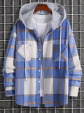 kkboxly  Men's Casual Plaid Hooded Jacket, Long Sleeve Button Down Comfy Shirt For Men's Autumn & Winter Outdoor Activities