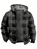 Printed Warm Fleece Coat, Men's Casual Hooded Warm Thick Jacket For Fall Winter