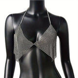 kkboxly  Sexy Sequins Crop Tops Bikini Rhinestones Halter Metal Chest Chain Backless Rave Club Wear Body Accessories Jewelry