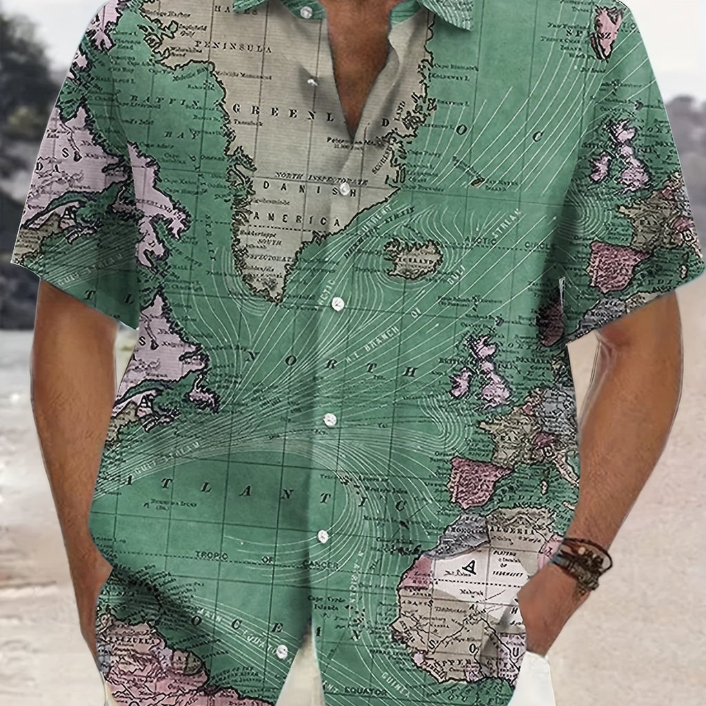 kkboxly  Plus Size Men's Hawaiian Shirts For Beach, Comfy Full Retro Map Printed Short Sleeve Aloha Shirts, Oversized Casual Loose Tops For Summer