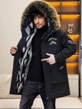 Men's Casual Mountain Print Hooded Warm Thick Jacket, Chic Fleece Lined Coat For Fall Winter