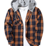 kkboxly  Drawstring Hooded Flannel Shirt, Men's Casual Various Colors Plaid Button Up Shirt For Spring Summer
