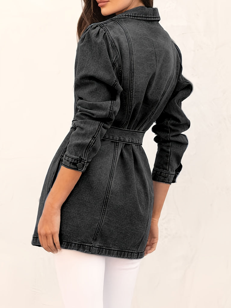 kkboxly  Long Sleeves Lapel Denim Jacket, Long Sleeves With Waistband Denim Coat, Women's Denim Clothing